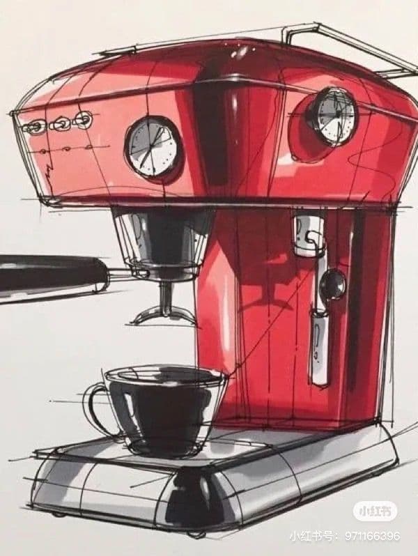 Industrial design sketch of a countertop coffee machine