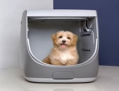 Small dog inside an enclosed connected pet product