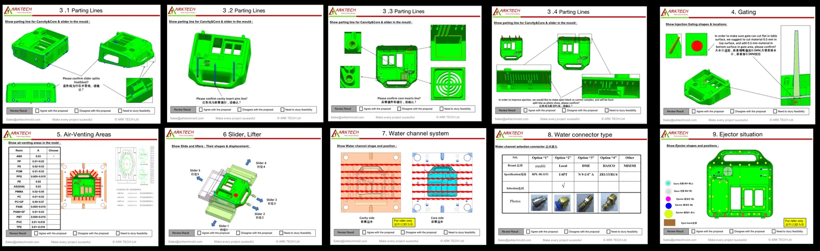 DFM tooling review example documenting engineering decisions and open items