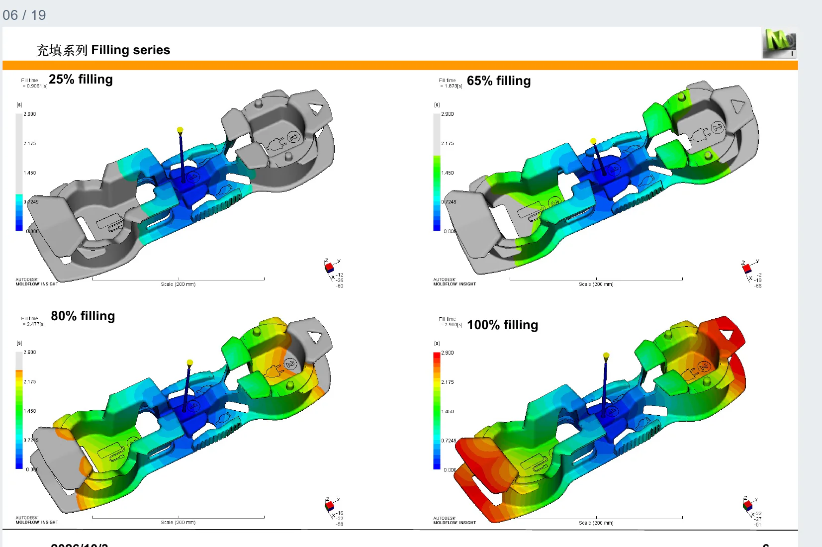 Moldflow filling analysis showing progressive fill results for an injection molded component