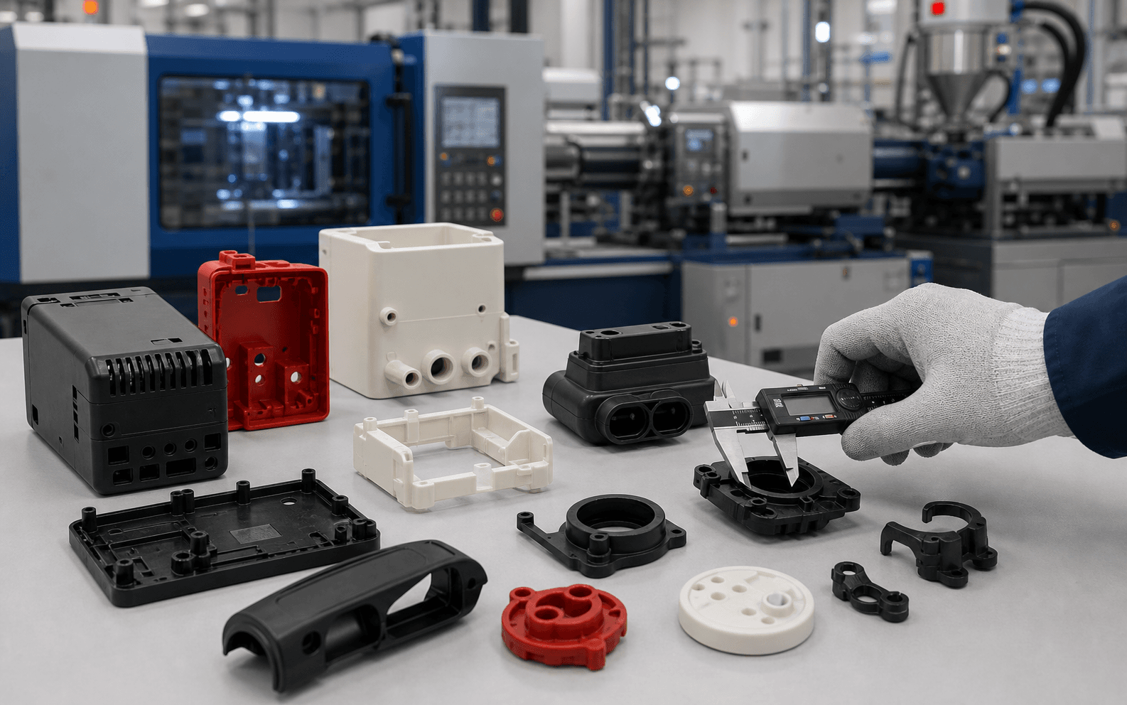 Molded plastic components and metal inserts prepared for manufacturing review