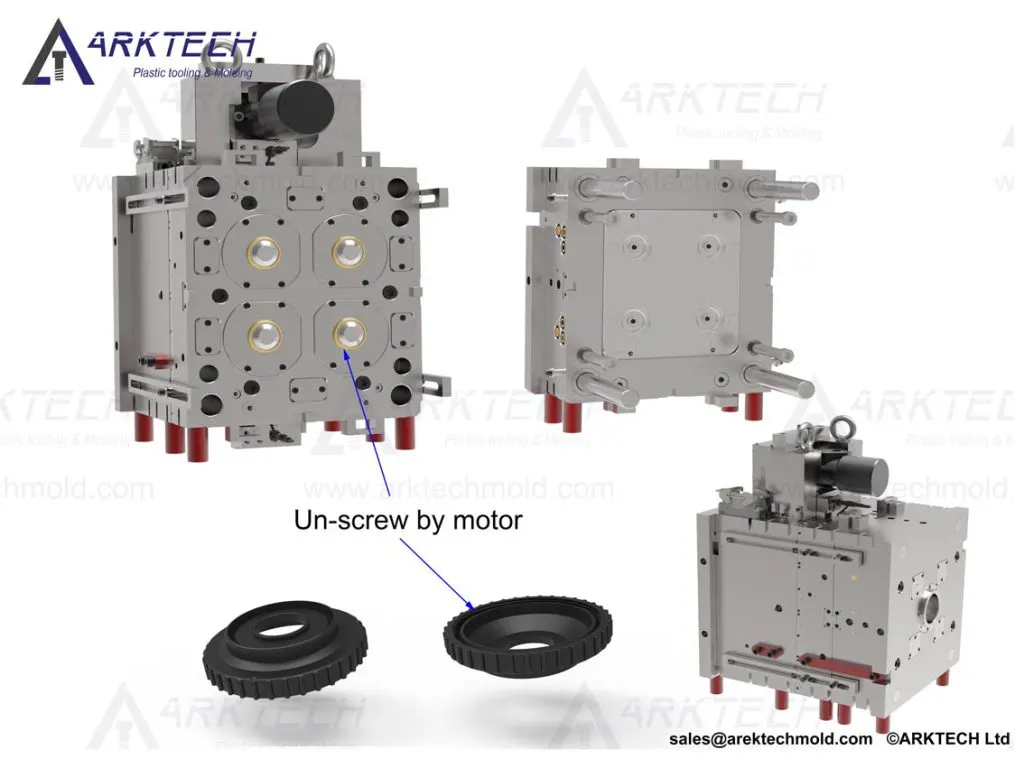 Motor-driven unscrewing injection mold and internally threaded plastic components