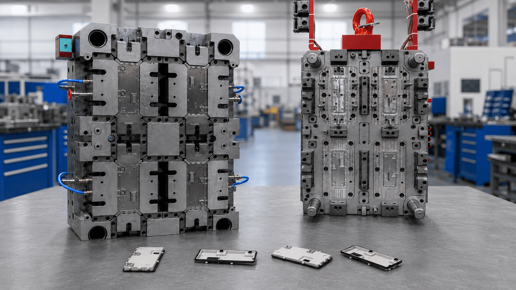 Two-shot 2K injection molds for multi-material plastic components