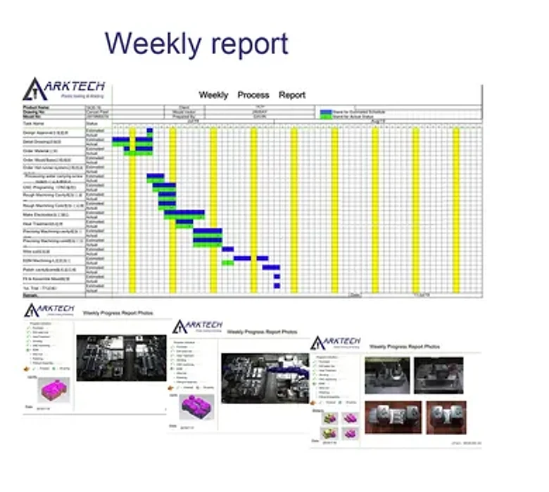 Tooling progress report with a project schedule and manufacturing photos