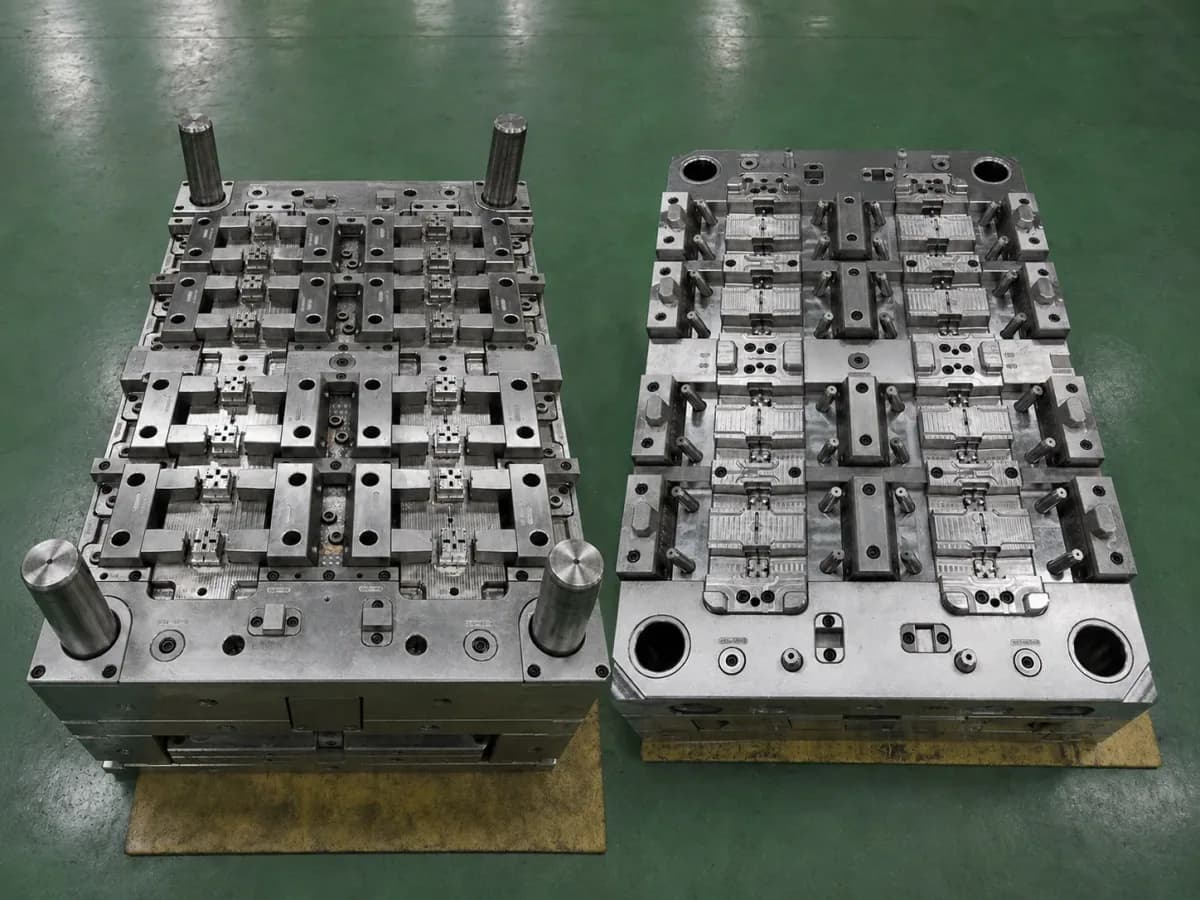 Completed multi-cavity injection mold with repeated production cavities