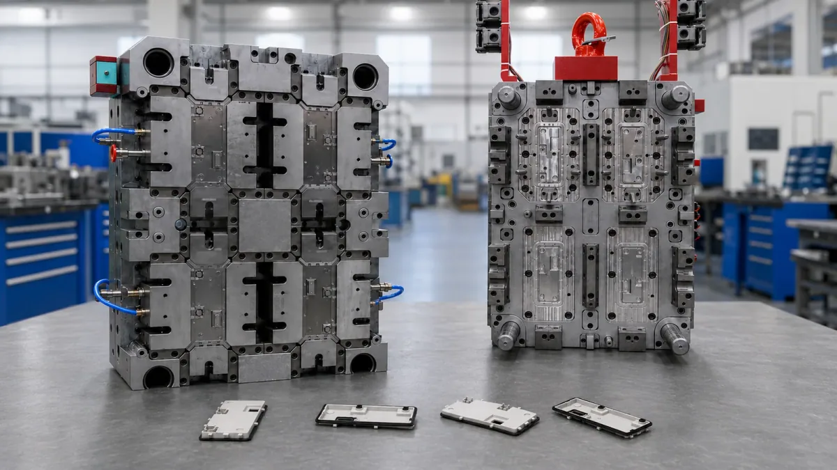 Two completed injection molds for a two-shot molded component