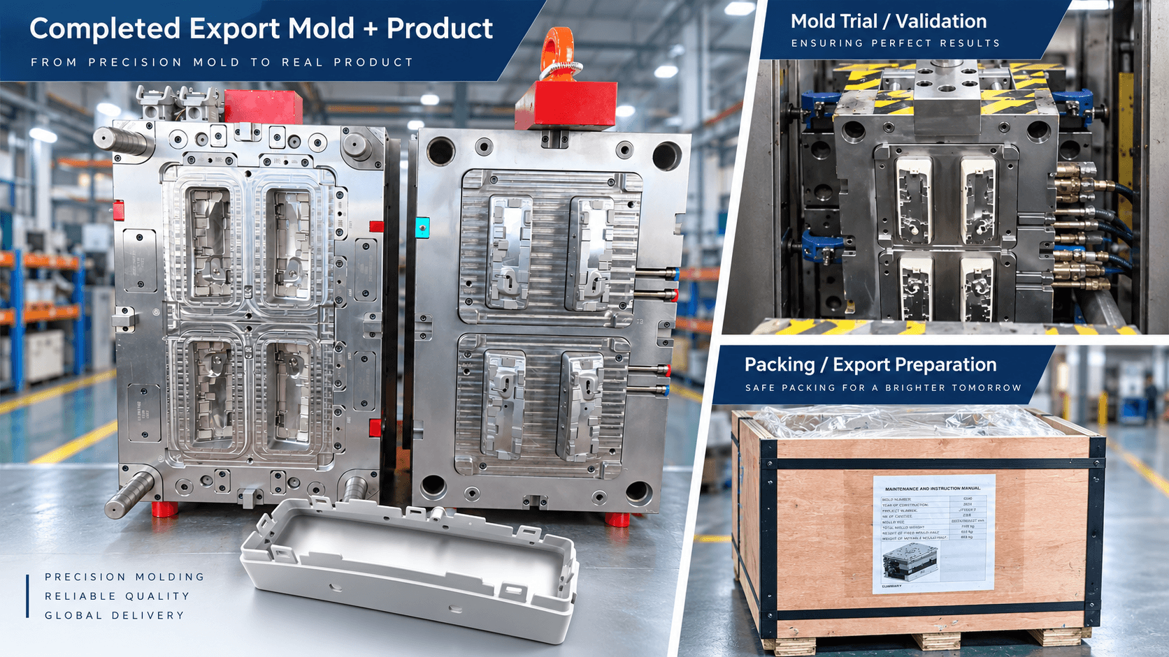 Completed export injection mold with molded part and tooling packing preparation
