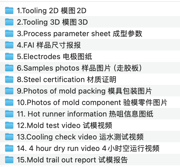 Injection mold documentation package with tooling drawings and validation records
