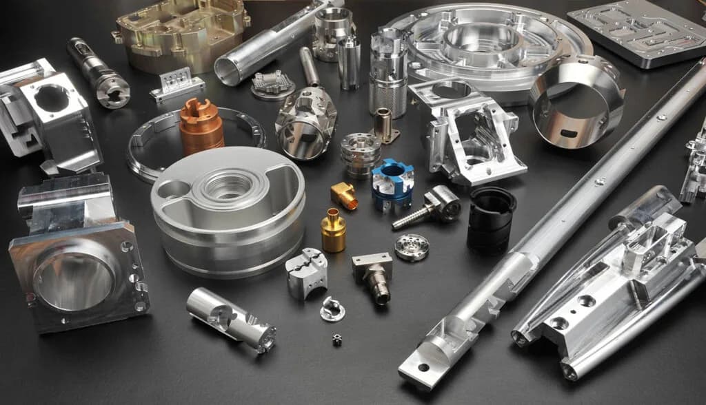 CNC machined components arranged on a work surface