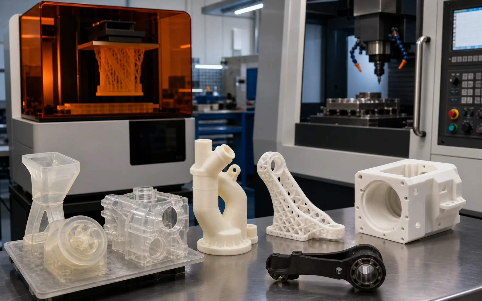 Transparent and white prototype components displayed on a workshop table