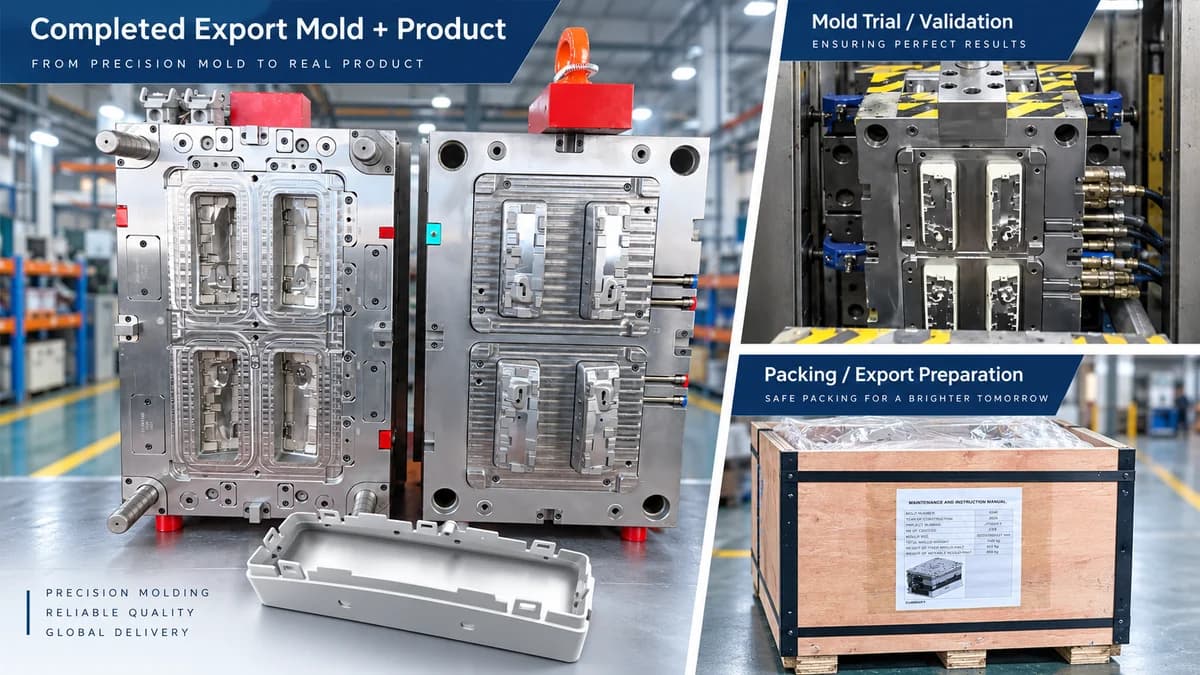 Completed export injection mold with mold trial validation and packing preparation