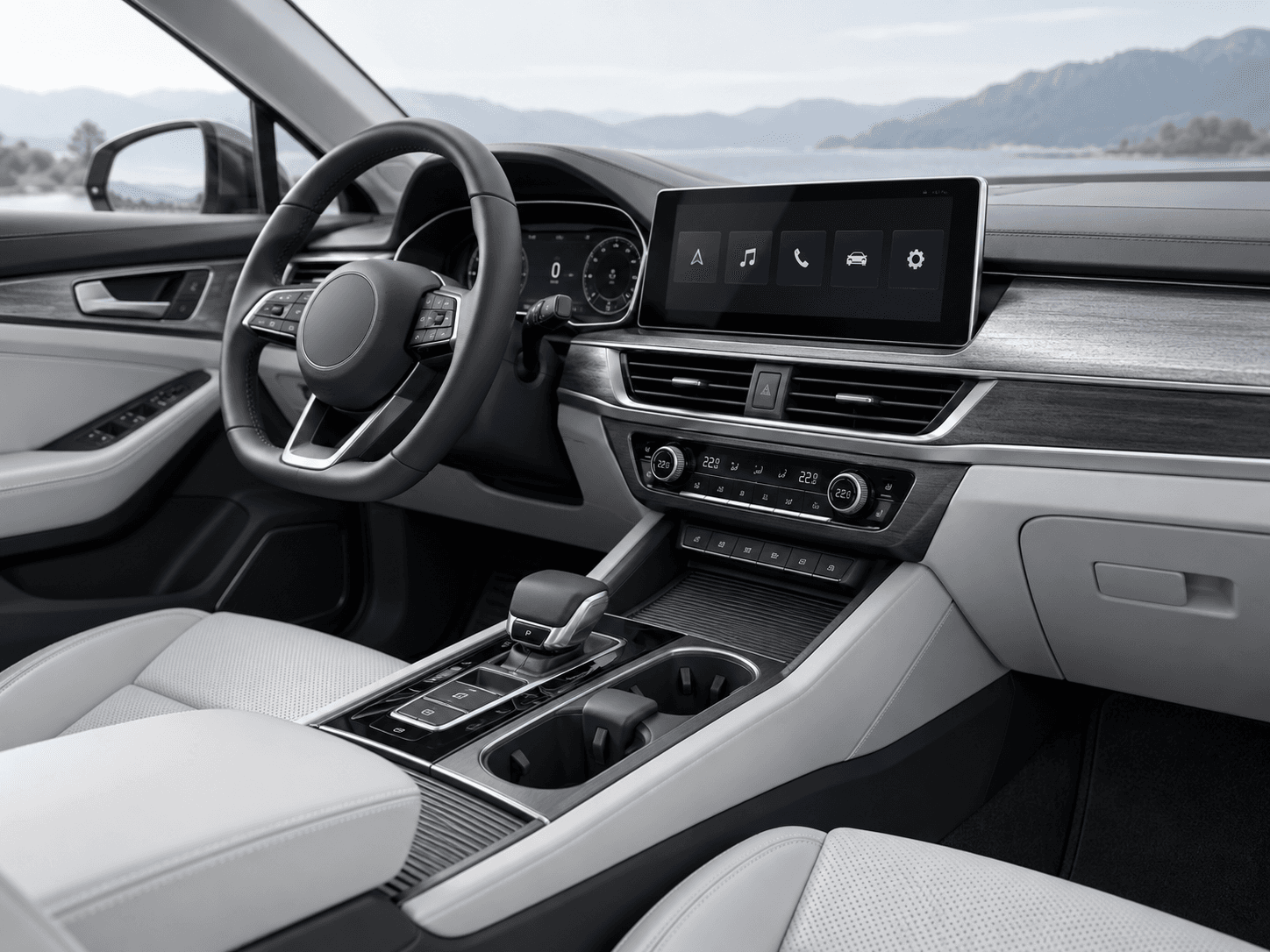 Automotive interior with dashboard controls and molded trim components
