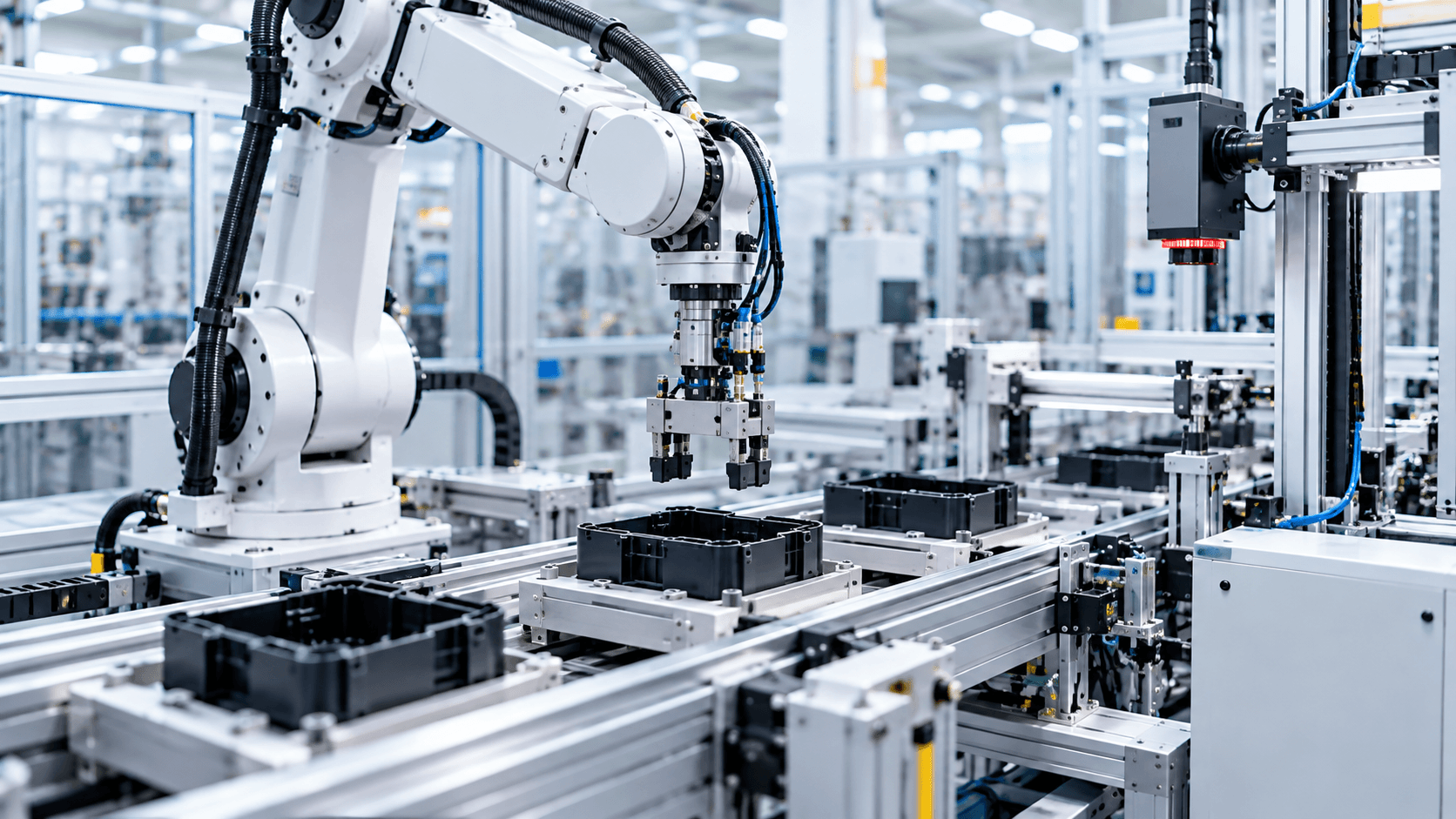 Industrial robot handling components on an automated production line